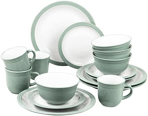 16 Piece Red & White Bistro Dinnerware Set  4X Dinner Plates, 4X Side Plates, 4X Deep Bowls & 4X Mugs - Dishwasher & Microwave Safe Stoneware Dining Set for 4 People