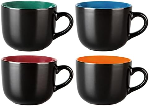 GBHOME Jumbo Soup Mugs with Handles, 24 Oz Large Coffee Mugs Set of 4, Ceramic Soup bowls for Coffee,Cereal,Snacks,Salad,Noodles etc Soup Cups,Microwave&Dishwasher safe-Matte Black, Colorful Inside