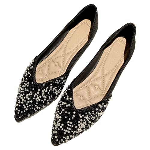 Stunner Women's Ballet Flats Sparkly Rhinestone Pointed Toe Flats Wedding Party Office Flat Shoes Comfortable Loafers Black 41(9)