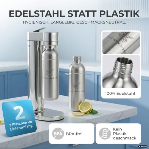 Foto von Luckymoose Infinity-S Wassersprudler aus hochwertigem Edelstahl (Silver/Silver) – inkl. 2x 1,25L Edelstahlflaschen – extra hygienische herausnehmbare Düse – Langlebige CO₂ Sprudelwasser Maschine