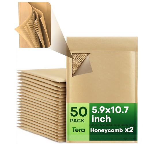 Tera Honeycomb Padded Mailers Envelopes: 5.9 x 10.7 inch 50 Pack 4-Layer Protection Self Seal Recyclable Kraft Paper for Jewelry Makeup Small Business Shipping