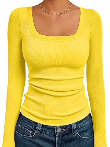 AUTOMET Women‘s Ribbed Square Neck Top, Long Sleeve Slim Fit
