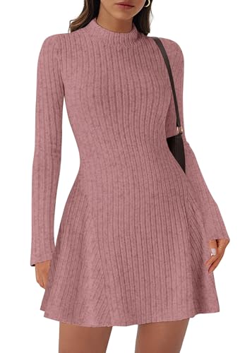 KIRUNDO Women's Sweater Dress 2025 Fall Lightweight Long Sleeve Mock Neck A Line Fit and Flare Ribbed Knit Short Dresses(Pink, X-Small)