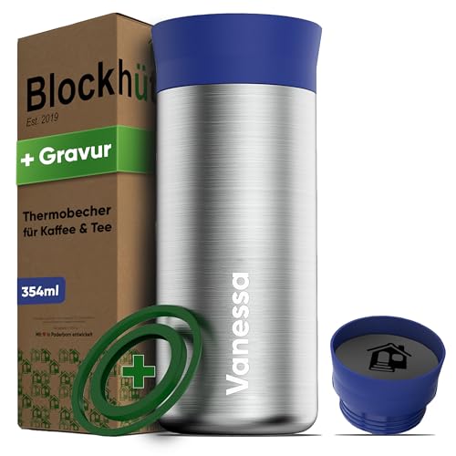 Blockhütte Thermobecher mit Gravur Edelstahl 354 ml, Kaffeebecher mit Gravur 8h heiße Getränke, Kaffee Thermobecher auslaufsicher, Kaffeebecher to go personalisiert spülmaschinenfest