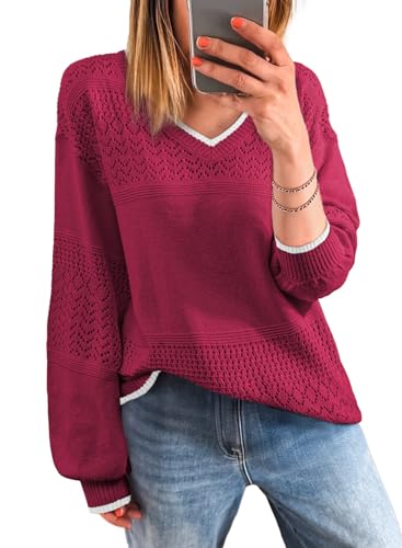 Image of SHEWIN Women's Sweaters Casual Long Sleeve V Neck Crewneck Lightweight Crochet Pullover Sweater Tops