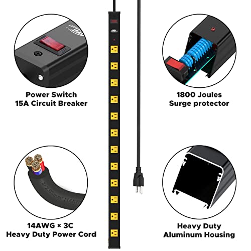 Regleta larga CRST con 12 tomacorrientes espaciados, metálica pesada, protectora de sobretensión 1800J, interruptor de circuito 15A, 6 pies de longitud miniatura 5