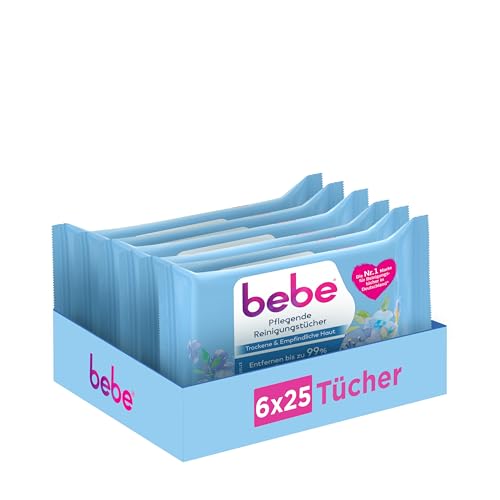 bebe Pflegende Reinigungstücher (6 x 25) gründlich reinigende Abschminktücher für trockene & empfindliche Haut Gesichtsreinigungstücher entfernen bis zu 99% wasserfestes Make-up