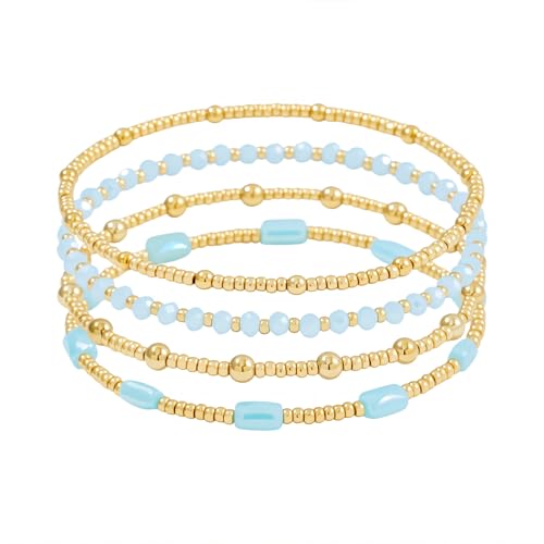 Pymach Dainty Gold Pearl Crystal Beaded Bracelets Set for Women 14K Real Gold Plated Bead Pearl Crystal Beads Bracelet Stackable Paperclip Link Chain Bracelets for Women Trendy Jewelry