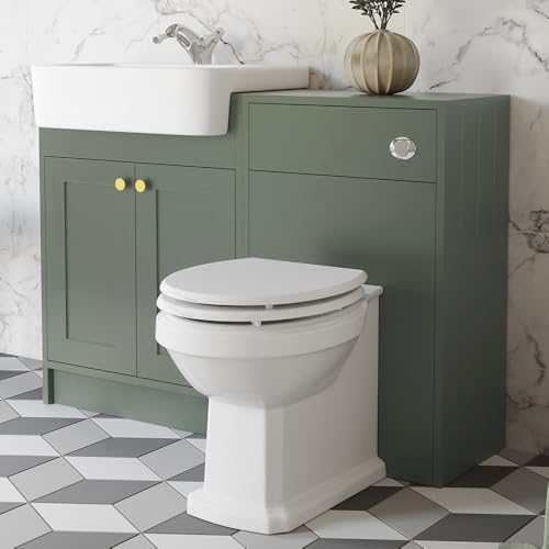 Image of BAYSTONE® 1120mm Bathroom Vanity Unit Toilet WC Unit Combination Basin Sink Storage Cabinet Cupboard Freestanding, Soft Close Double Door, Matt Green - Brushed Brass Handles
