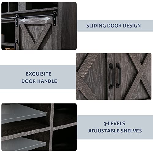 Farmhouse Coffee Bar Cabinet, Rustic Sliding Barn Door Storage Cabinet With Power Outlet, Buffet Server Sideboard Cupboard Table For Dining Room Entryway Kitchen (Wash Grey) #TOP2