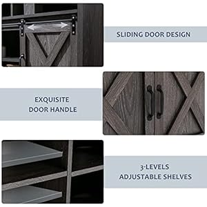 Farmhouse Coffee Bar Cabinet Rustic Sliding Barn Door Storage Cabinet with Power Outlet Buffet Server Sideboard Cupboard Table for Dining Room Entryway Kitchen Wash Grey