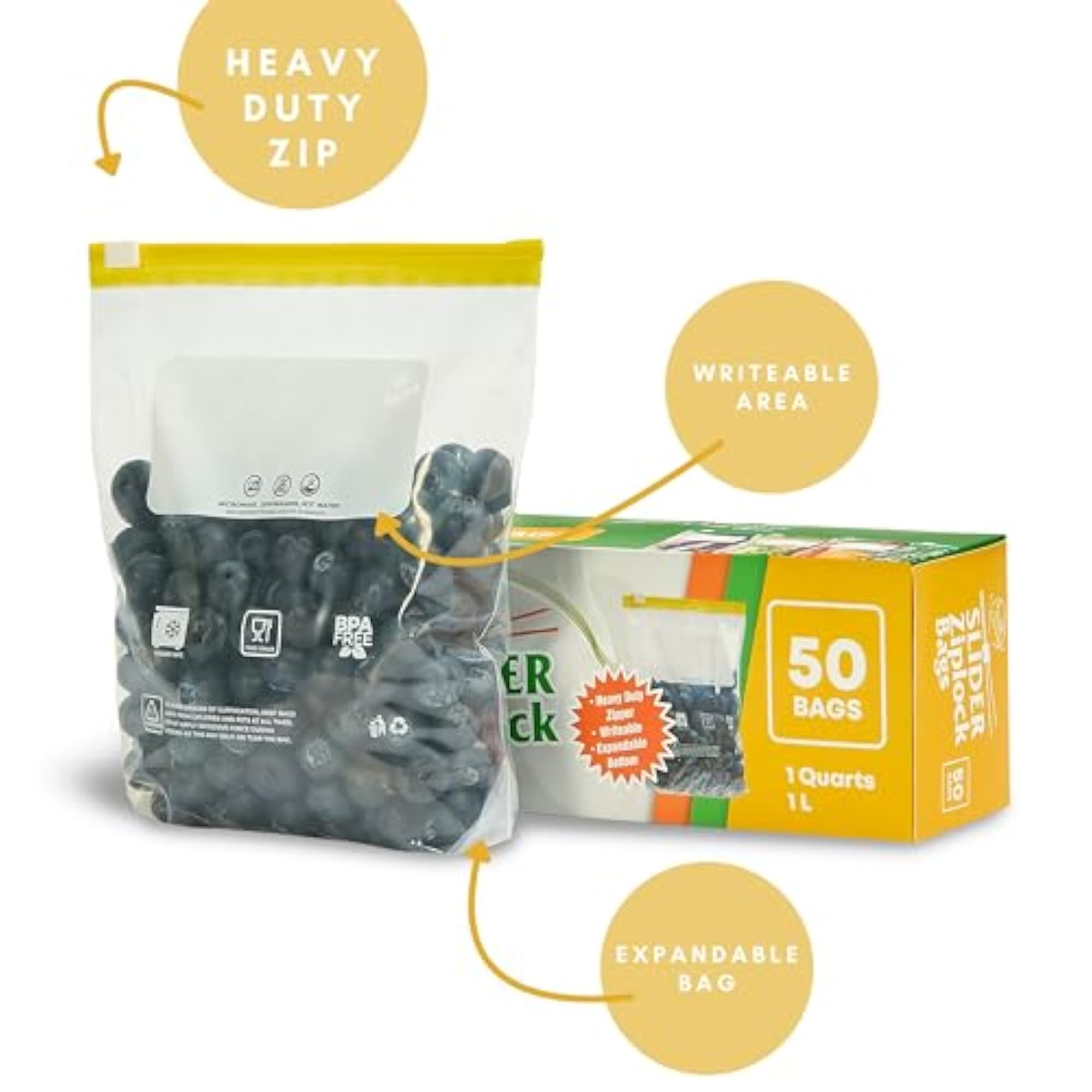50pcs Slider Ziplock Bags, Reusable Freezer Storage Bags