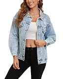 Kedera Pearl Beaded Denim Jacket for Women Button Down Oversized Jean Jacket Distressed Long Sleeves Cropped Casual Ripped Trucker Coat