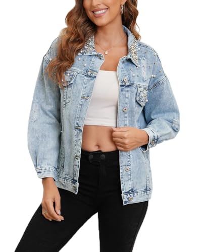 Kedera Pearl Beaded Denim Jacket for Women Button Down Oversized Jean Jacket Distressed Long Sleeves Cropped Casual Ripped Trucker Coat