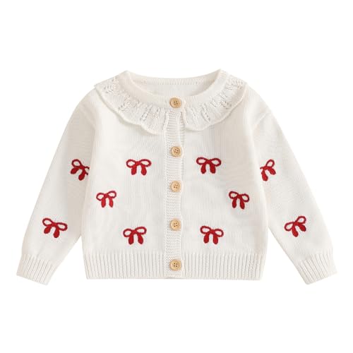 Image of Baby Girl Bow Sweater Cardigan Open Front Button Down Long Sleeve Knitwear Coat Toddler Fall Spring Clothes