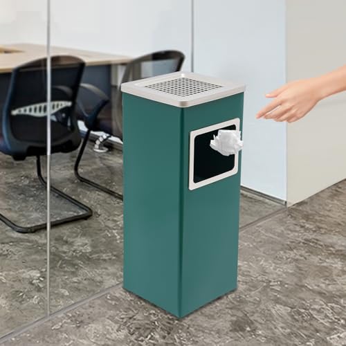 3 Gallon Outdoor Trash Can - Stainless Steel Square Waste Bin with Removable Inner Bucket & Ashtray - Industrial Green Garbage Container for Cabinets, Patios, and Gardens