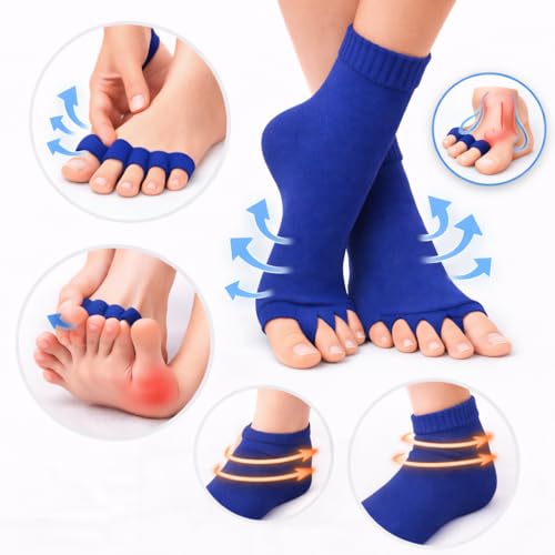 Image of Foot Alignment Orthopedic Cotton Socks for Men & Women | Five Toe Separator | Foot Pain Relief | Bunion Corrector | Plantar Fasciitis Support |Free Size | Black-Royal Blue | 2 Pair | UK8-11