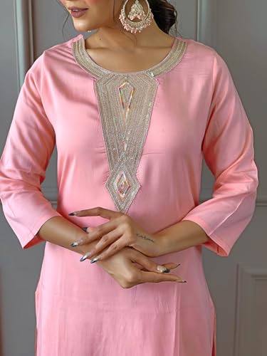 Image of Naixa Women's Firoji Rayon Blend Embroidered and Printed Straight Kurta with Rayon Blend Pant and Chinon Printed Dupatta Sets