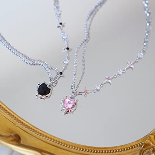 Y2K Heart Diamond Necklaces For Women Crystal Silver Pendant Aesthetic Asymmetric Necklaces3