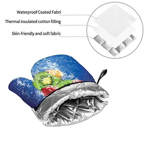Water Drops Around Fruits On Blue Background Print Oven Mitts Potholders Set Heat Resistant Oven Mitts Gloves Potholder For Cooking Grilling (4-Piece Set) #TOP7