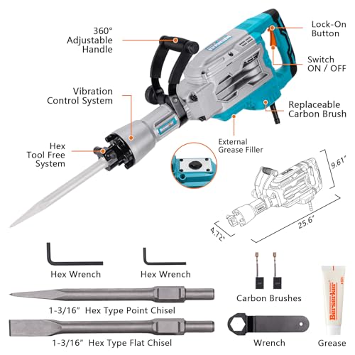 Berserker 1700W 30-Pound Demolition Jack Hammer with 1-3/16" Hex, 14-Amp Corded Electric Heavy Duty Demo Chipping Hammer Concrete/Pavement Breaker with Carrying Case Flat Chisel Bull Point Chisel by Berserker - Image 2