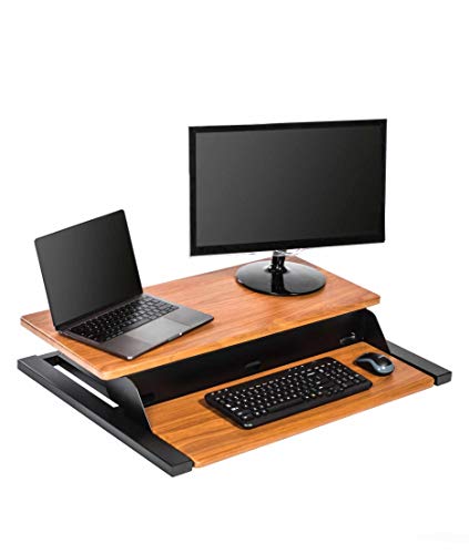Stand Up Desk Store Airrise Pro Two Tier Standing Desk Converter Monitor Stand With Built-In Keyboard Tray (Teak, 32" Wide) #TOP6