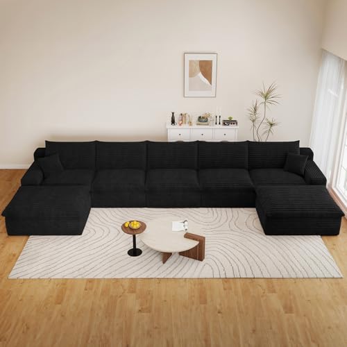 Image of 165 inch Cloud Couch Modular Sectional Sofa for Living Room, U-Shape Boneless Couch with Deep Seat, Modern Corduroy 5-Seater with Ottomans, No Assembly Required, Black