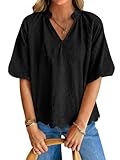 Tankaneo Womens V Neck Puff Sleeve Tops Oversized Textured Blouses Dressy Casual Summer Loose Fit Tee Shirts Black