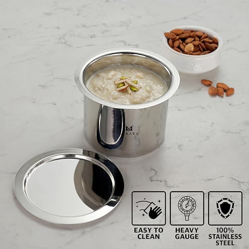 Image of MIKARA Stainless Steel Tope with Lid | Flat Bottom Patila | Heavy Duty Kitchen Cookware| for Gas & Induction Use| Strong, Durable & Multipurpose Cookware. Space Saving (650 ml)