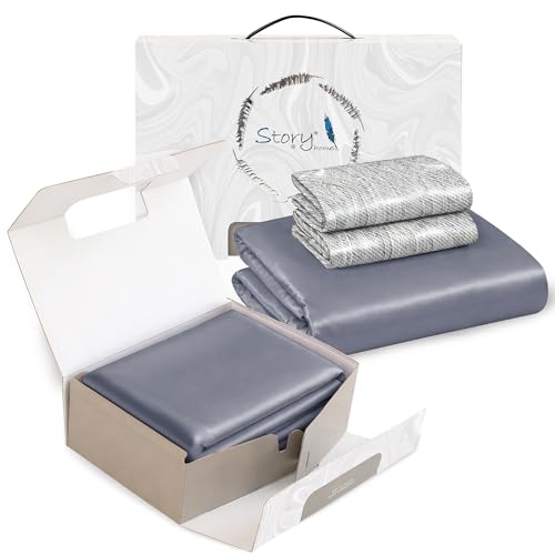 Image of Story@Home Luxe King Size Satin Silk Bedsheet with 2 Pillow Covers | 400 TC Satin Cotton Flat Bedsheet (270 x 270 cm) | Bridal Bedsheet Set for Wedding - Arctic Azure-Gift Packaging