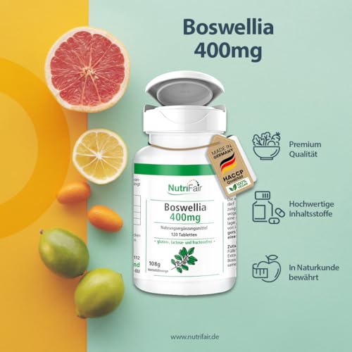 Boswellia 400mg - mit 800mg Weihrauch-Extrakt pro Tagesdosis - 120 Tabletten - Hochdosiert - 100% Vegan – Deutsche Produktion & Laborprüfung - NutriFair | Premium & Fair
