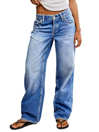 Flamingals Baggy Jeans for Women Mid Rise Straight Leg Stretchy