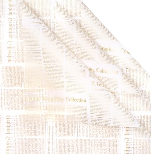 LeZakaa 20 Sheets Newsprint Flower Wrapping Paper, Waterproof Floral Bouquet Paper, White & Gold Newsprint Design for Valentine's Day, Mother's Day, Birthday Party, Bridal Shower, Wedding, Baby Shower