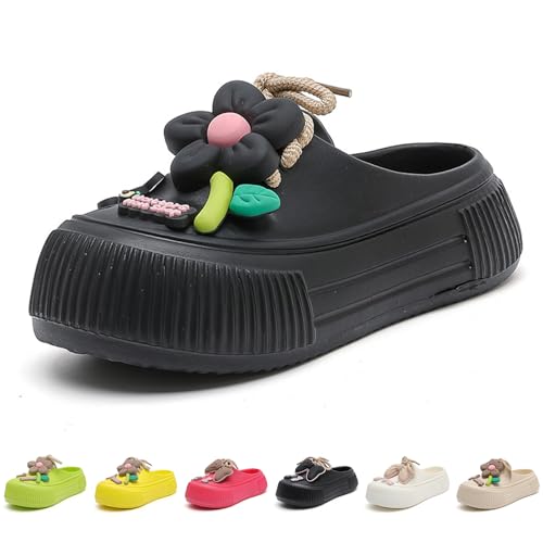 Gezolligheid Fashion Women's Cute Clogs, Platform Lace Up Soft Bottom Bow Decoration Shoes, Closed Toe Summer Beach Rustic Flower Casual Shoes(BBlack-35/36)