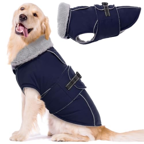 Lelepet Warm Dog Coat Waterproof Dog Jacket for Extra Large Dogs Reflective Fleece Vest with Adjustable Buckle Hook & Loop Windproof Cold Weather Coats for Small Medium Large Dogs, Navy Blue