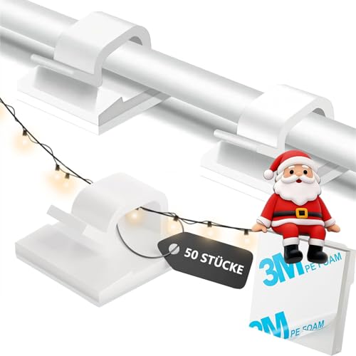 SZFUDIGO kabelhalter selbstklebend 50 Pack,klebehaken Weiß,kabelorganizer,kabelclips selbstklebend,kabelklemmen,kabelführung,Indoor and Outdoor Cable Clips,Fairy Lights