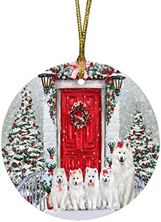Christmas Express Delivery Red Truck Running Samoyed Dogs Round Flat Ornament - Pet Decorative Hanging Ornaments for Christmas X-mas Tree Decorations - 2.75" Round Christmas Ornament