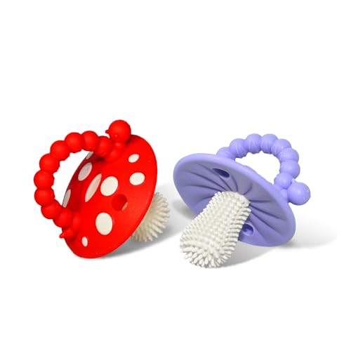 Image of RaZbaby Soft Silicone Infant & Baby 3M+ Teether Toy Massaging Bristles Teething Relief Pacifier - Soothes Sore Gums - Hands-Free & Easy-to-Hold Chompy Teether, BPA Free (RED/Lavender)