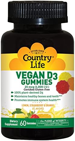 Country Life Vegan D3 Gummies, 1,000 IU, Promotes Immune Health, Great Taste, Lemon, Strawberry & Orange Flavor, 60 Gummies, Certified Gluten Free, Certified Vegan