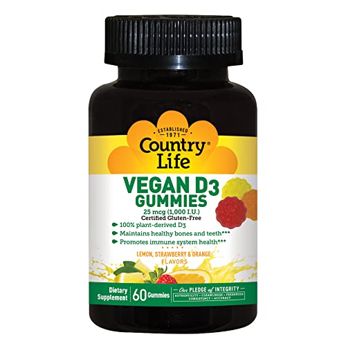 Country Life Vegan D3 Gummies, 1,000 Iu, Promotes Immune Health, Great Taste, Lemon, Strawberry & Orange Flavor, 60 Gummies, Certified Gluten Free, Certified Vegan #TOP3
