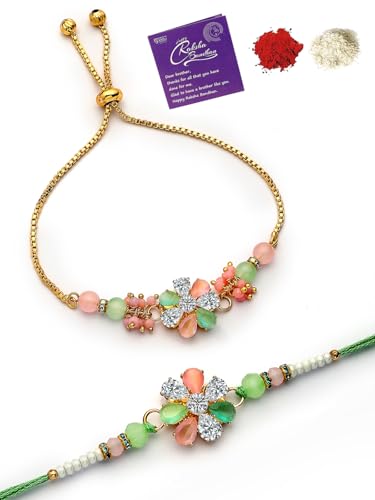 Image of Sukkhi Rakhi Most Beautiful Floral with Gold Plated Rakshabandhan Combo Lumba Rakhi for Bhiaya Bhabhi Brother with Roli Chawal & Greeting Card|Set of 2