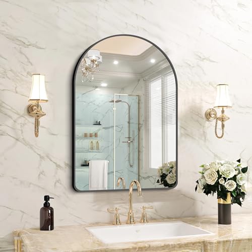 Image of FORBATH Arched Bathroom Mirror 20x28 Inch, Bathroom Mirror Wall Mounted Modern Black Aluminum Alloy Frame Decor Dresser Mirror for Bedroom Living Room Entryway, Hanging or Leaning Against Wall
