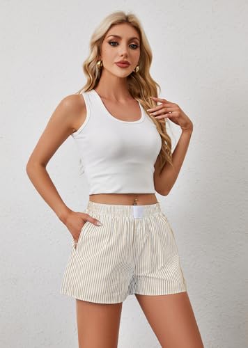 Image of Ythomm Womens Lounge Shorts Y2k Striped Print Elastic Waist Pajama Shorts Cute Boxers Bottoms With Pockets Comfy Sleepwear, X-Large, Yellow-white