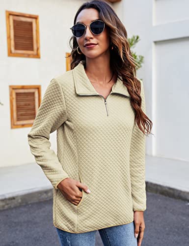 Akewei Women's 1/4 Zip Quilted Pattern Pullover Lightweight Sweatshirt Jacket Long Sleeve Tunic Tops With Pockets Khaki S #TOP2