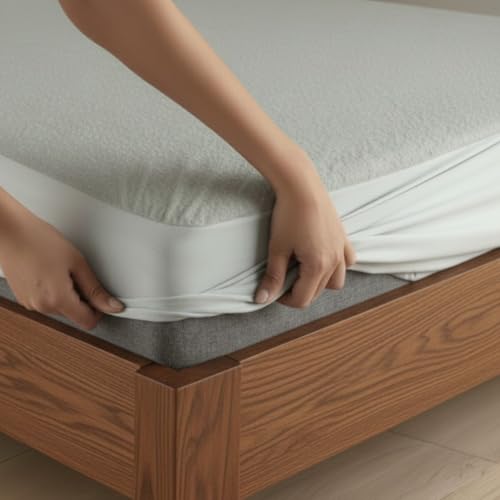 Image of Livspace 100% Waterproof Premium Cotton Mattress Protector Single Bed | 78 inch x 36 inch | Mattress Cover, Noiseless, Breathable & Hypoallergenic Bed Protector, Fits Upto 10 inch - Bello Pure Canopy (Steel Grey)