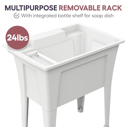 Standing Utility Sink with 1-handle Pull-Down Gooseneck Faucet – 32” Utility Sinks for Laundry Room, Garage, Garden, Basement – Noah William Home Indoor and Outdoor Basement Wash Tub (White)