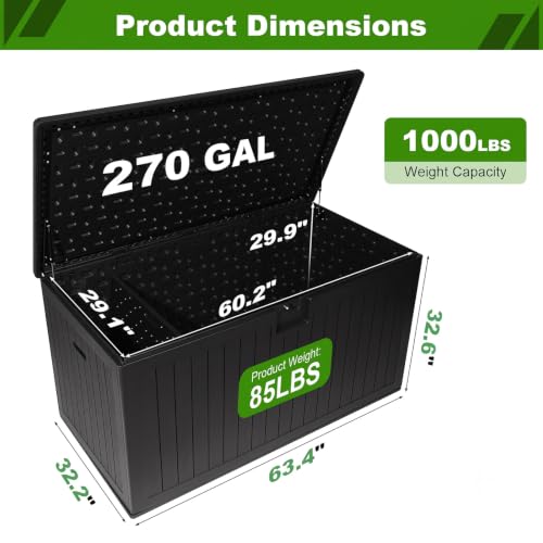Image of 270 Gallon Outdoor Storage Box, Waterproof Extra Large Resin Deck Box with Lockable Lid for Patio, Pool Equipment, and Cushions, Black