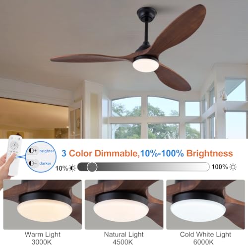 BOJUE 52 inch Ceiling Fans with Lights and Remote Control, Dimmable LED Light, Indoor Outdoor Mordern Black Ceiling Fan with 3 Wood Blade for Patio Living Room, Bedroom, Office, Summer House by BOJUE - Used condition - Image 2