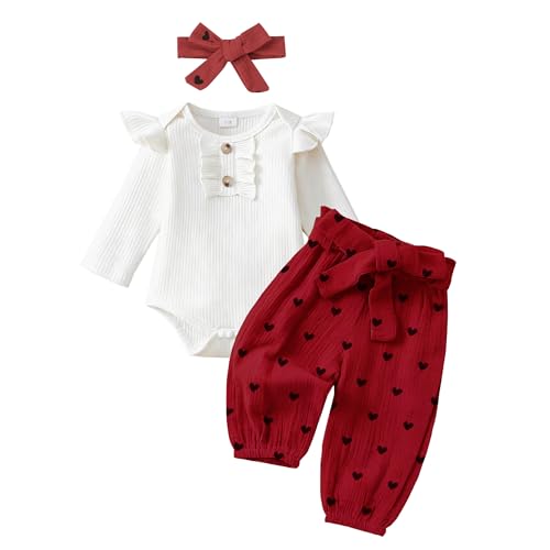 Image of EVERGIFTKIDS Newborn Baby Girl Clothes Ribbed Knit Romper Heart Daisy Print Pants for 0 3 6 12 18 24 Months Girl Outfits