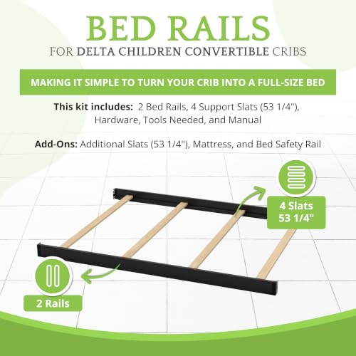 Image of Full-Size Conversion Kit Bed Rails Compatible with Delta Children Convertible Cribs - Solid Wood Rail #0050 - Toddler and Adult Bed Rail for Full-Size Beds - Baby Furniture (Black - 001)
